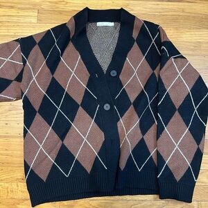 OAK + FORT Black and Brown Argyle Cardigan